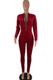 Burgundy Sexy Solid Patchwork Zipper Collar Skinny Jumpsuits
