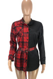 Green Casual Plaid Print Split Joint Buckle With Belt Turndown Collar Tops