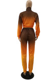 Orange Fashion Casual Gradual Change Print Basic Hooded Collar Long Sleeve Two Pieces