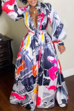 Multicolor Fashion Casual Print Basic V Neck Long Sleeve Dresses