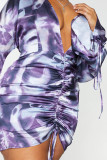 Purple Sexy Print Split Joint Fold V Neck One Step Skirt Plus Size Dresses