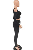 Black Sexy Solid Bandage Hollowed Out Split Joint U Neck Long Sleeve Two Pieces