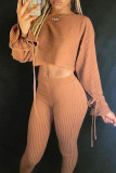 Brown Casual Solid Split Joint Frenulum O Neck Long Sleeve Two Pieces