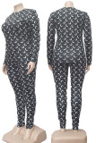 Black Casual Print Patchwork O Neck Long Sleeve Two Pieces
