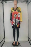Yellow Fashion Casual Print Cardigan Hooded Collar Outerwear