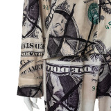 Multicolor Street Print Patchwork Buckle Turndown Collar Long Sleeve Two Pieces