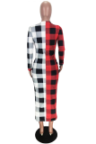 Red Yellow Plaid Patchwork O Neck Wrapped Skirt Dresses