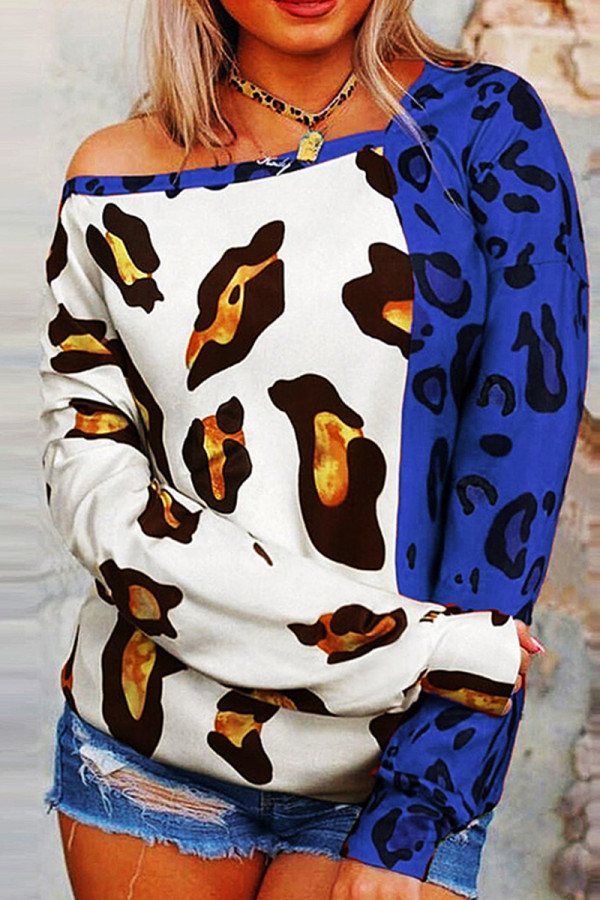 Blue Fashion Casual Print Leopard Split Joint Tops