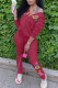 Burgundy Embroidery Embroidered Patchwork Zipper Hooded Collar Long Sleeve Two Pieces