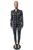 Black Fashion Casual Print Basic V Neck Long Sleeve Two Pieces