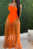 Rose Red Sexy Solid Mesh Strapless Cake Skirt Dress Swimwear