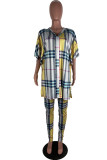Yellow Fashion Casual Plaid Print Slit Turndown Collar Half Sleeve Two Pieces