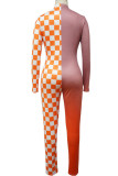 Orange Sexy Plaid Print Patchwork Zipper Zipper Collar Skinny Jumpsuits