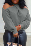 Grey Fashion Casual Solid Hollowed Out Tops