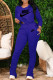 Royal Blue Fashion Sportswear Print Fold V Neck Long Sleeve Two Pieces