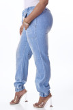 Baby Blue Casual Solid Patchwork Pocket Straight Denim Jeans