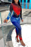 Red Sexy Print Patchwork O Neck Long Sleeve Two Pieces