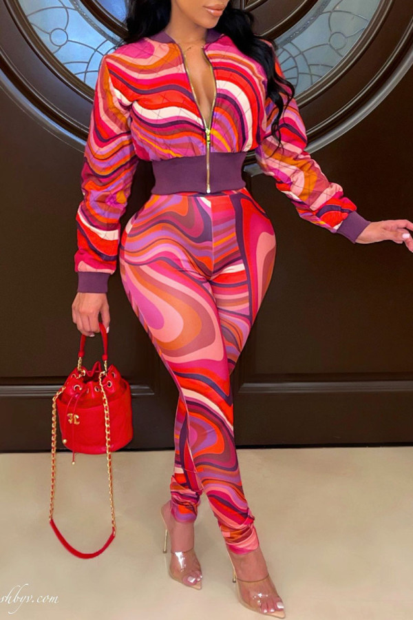 Rose Red Casual Print Patchwork Zipper Long Sleeve Two Pieces