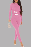 Pink Casual Sportswear Letter Print Basic Half A Turtleneck Long Sleeve Two Pieces