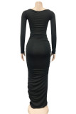 Black Fashion Sexy Solid Slit Fold Square Collar Long Sleeve Dresses