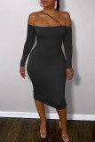 Black Fashion Casual Solid Backless Off the Shoulder Long Sleeve Dresses