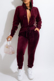 Deep Red Casual Solid Patchwork Zipper Hooded Collar Long Sleeve Two Pieces