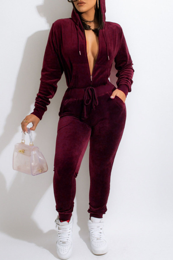 Deep Red Casual Solid Patchwork Zipper Hooded Collar Long Sleeve Two Pieces