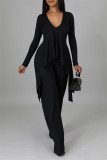 Black Casual Solid Split Joint Asymmetrical V Neck Long Sleeve Two Pieces