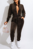 Dark Brown Casual Solid Patchwork Zipper Hooded Collar Long Sleeve Two Pieces