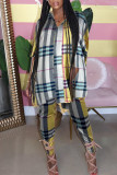 Yellow Fashion Casual Plaid Print Slit Turndown Collar Half Sleeve Two Pieces