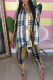 Yellow Fashion Casual Plaid Print Slit Turndown Collar Half Sleeve Two Pieces