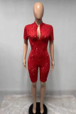Red Sexy Solid Patchwork Zipper Collar Skinny Jumpsuits