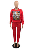 Red Fashion Casual Print Patchwork O Neck Long Sleeve Two Pieces