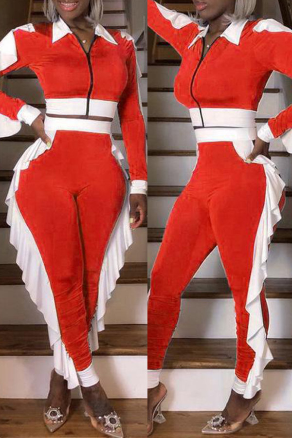 Red Fashion Casual Patchwork Zipper Turndown Collar Long Sleeve Two Pieces
