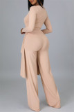 Apricot Pink Casual Solid Split Joint Asymmetrical V Neck Long Sleeve Two Pieces