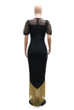 White Fashion Sexy Patchwork Hot Drilling Tassel See-through O Neck Evening Dress
