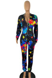 Black Casual Print Graffiti Patchwork Zipper Hooded Collar Long Sleeve Two Pieces