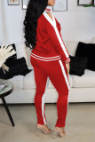 Rose Red Casual Sportswear Solid Hollowed Out Patchwork Zipper Zipper Collar Long Sleeve Two Pieces