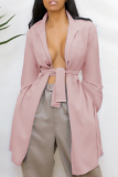 Pink Casual Solid Bandage Backless V Neck Outerwear