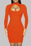 Black Sexy Casual Sweet Solid Hollowed Out O Neck Long Sleeve Dresses
