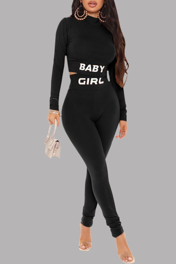 Black Casual Sportswear Letter Print Basic Half A Turtleneck Long Sleeve Two Pieces