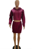Burgundy Casual Solid Draw String Hooded Collar Long Sleeve Two Pieces