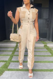 Light Green Casual Solid Split Joint Pocket Buckle With Belt Turndown Collar Straight Jumpsuits