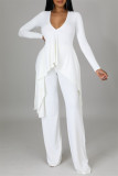 White Casual Solid Split Joint Asymmetrical V Neck Long Sleeve Two Pieces