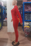 Red Fashion Casual Solid Basic Zipper Collar Long Sleeve Two Pieces