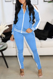 Sky Blue Casual Sportswear Solid Hollowed Out Patchwork Zipper Zipper Collar Long Sleeve Two Pieces