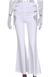 White Fashion Sexy Solid Bandage Hollowed Out Regular High Waist Trousers