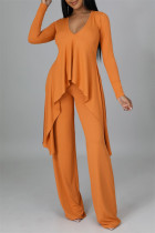 Orange Casual Solid Split Joint Asymmetrical V Neck Long Sleeve Two Pieces