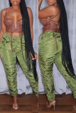 Green Fashion Casual Solid Fold Mid Waist Trousers