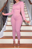 Pink Sexy Solid Backless O Neck Long Sleeve Two Pieces